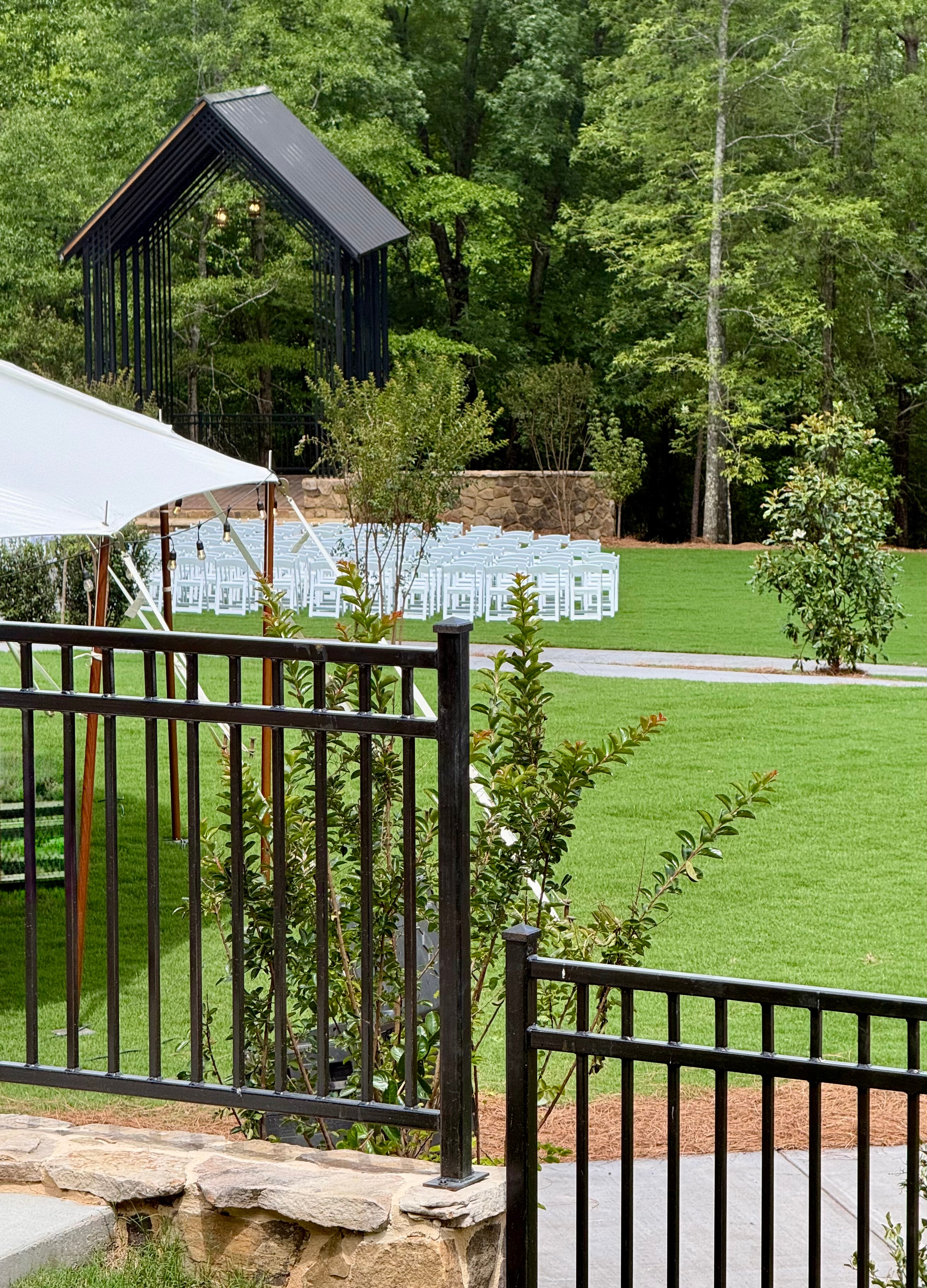 View of the ceremony lawn and garden chapel from the terrace